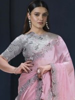 Pink Crepe Satin Silk Party Wear Saree